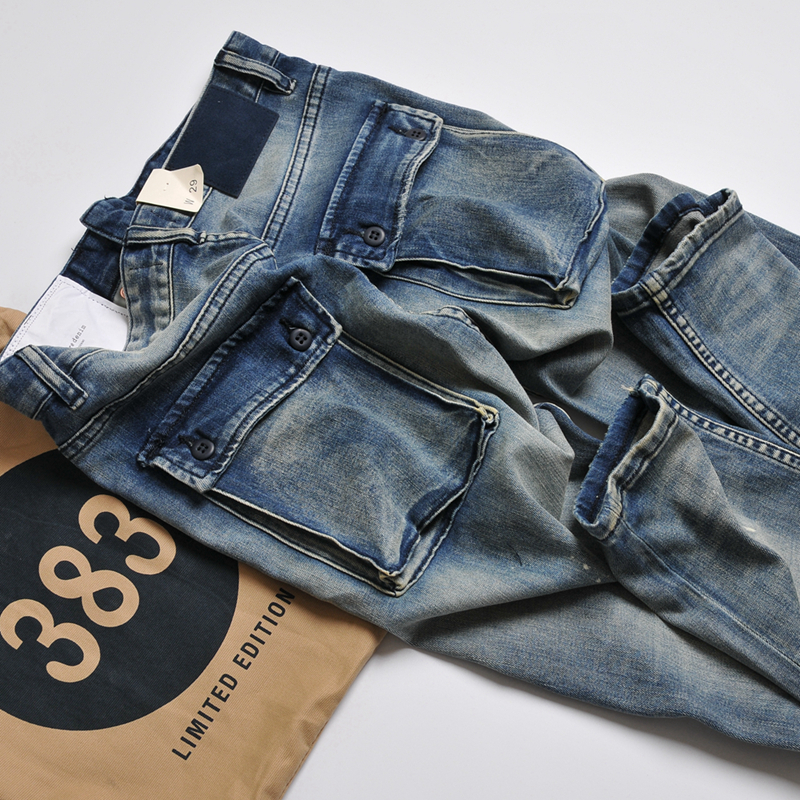 美式复刻老派风琴袋港风街头工装复古做旧破洞漆点修身小脚牛仔裤