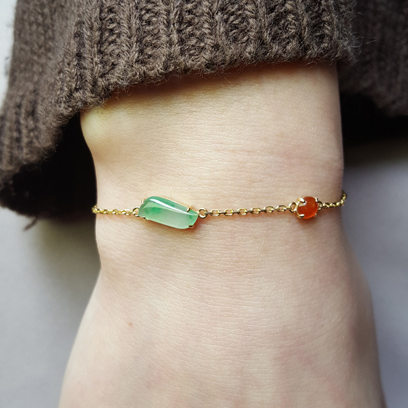 镶嵌面黄随形冰种天然翡翠优雅金镶嵌18k女款手链手链