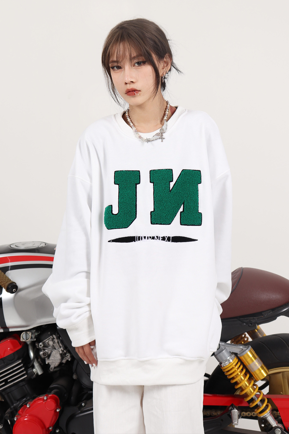 JUMP NEXT 国潮原创三色基础款字母毛巾刺绣薄绒圆领宽松卫衣男女