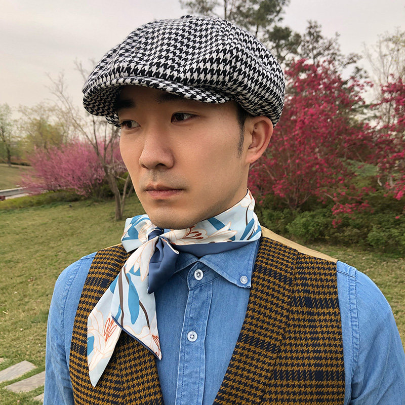 八角帽男时尚宽檐贝雷帽复古画家大头帽子黑白帽子