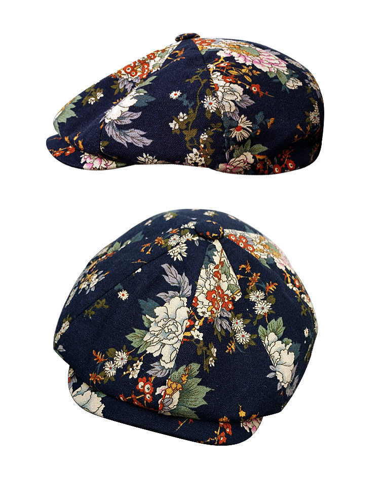 画家帽女秋冬英伦纯棉花朵图案四季八角名族帽子