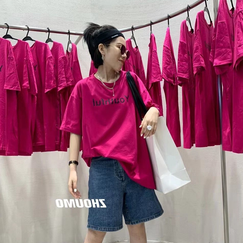 欧货印花上衣半袖休闲果色火龙果火龙字母短袖t恤