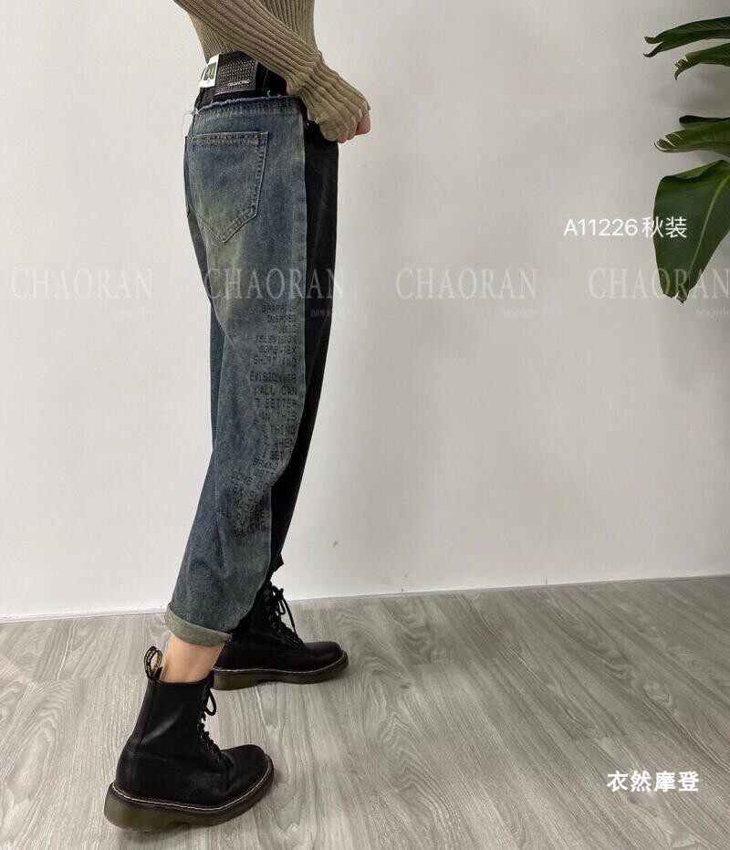 超然牛仔裤2020秋季新款欧货英文拼色高腰垮裤牛仔裤