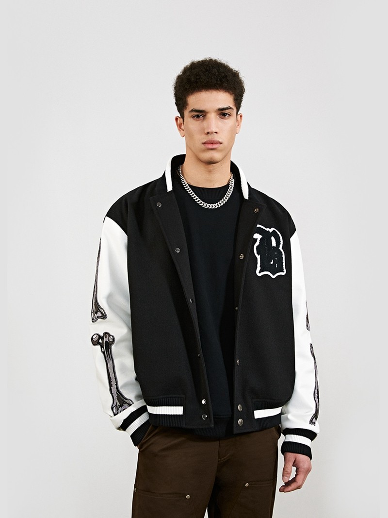 boneless王艺瑾同款棒球重磅麦呢骨头刺绣男女休闲夹克