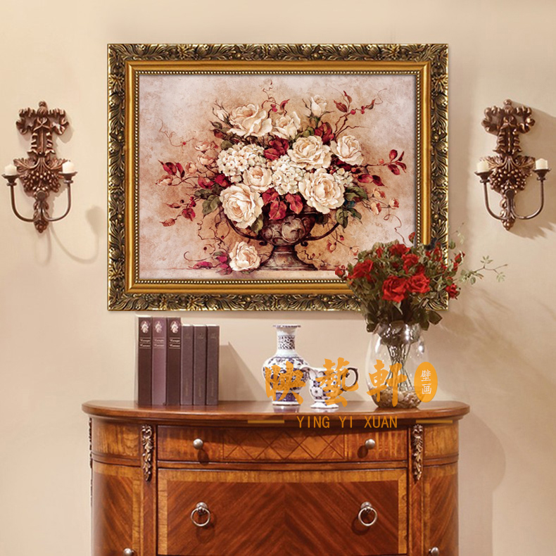 欧式喷绘油画客厅装饰画古典花卉餐厅玄关挂画壁画有框横版墙画