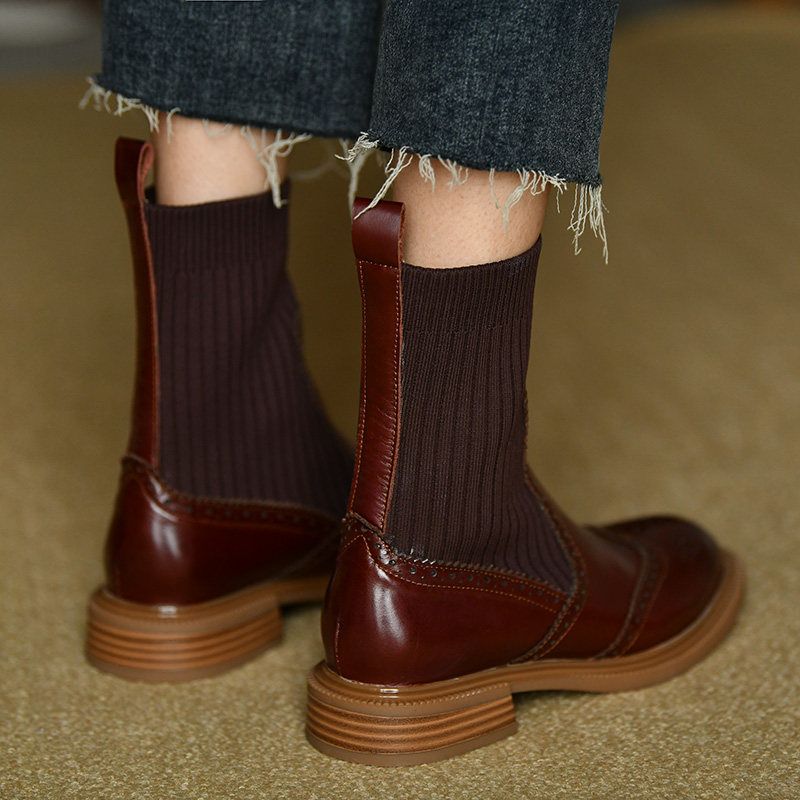 美迪棕色短靴女平弹力靴女圆头袜平底靴女秋冬弹力靴