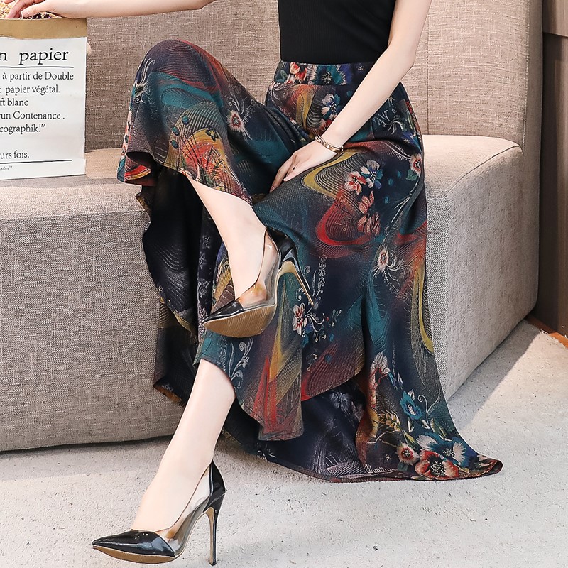 夏季新款九分阔腿裤女清凉垂感裙裤松紧高腰棉绸薄裤子妈妈跳舞裤