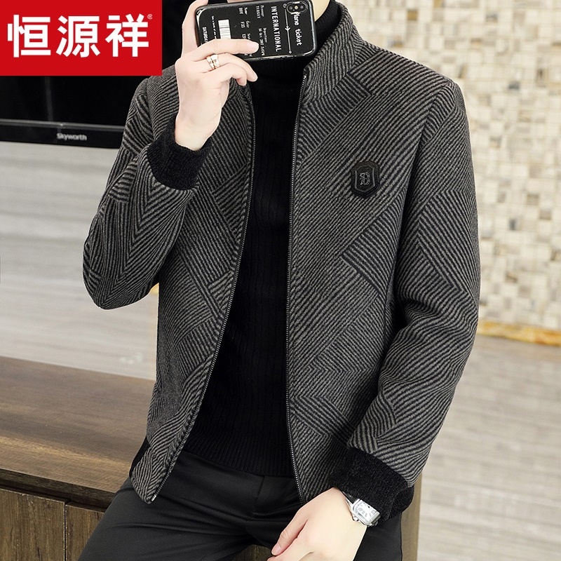 恒源祥春秋季男士羊毛大衣短款毛呢夹克潮流条纹呢子薄款外套男装