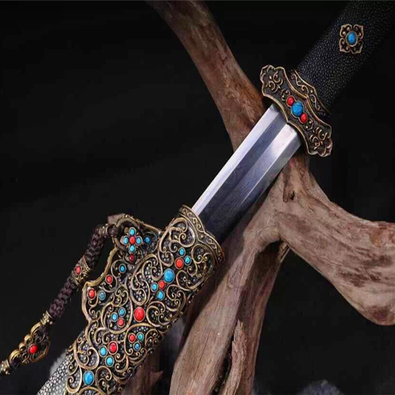 精品宝剑百炼花纹珍珠鱼皮镂空宝石八面汉剑刀剑