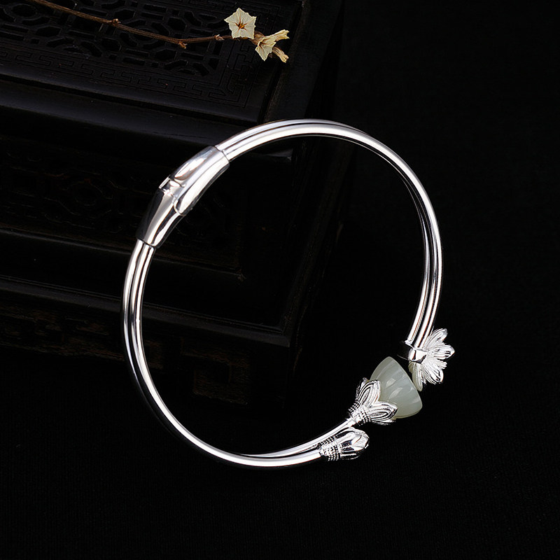 s925纯银镶嵌和田玉手手镯天然白玉莲蓬莲花手镯