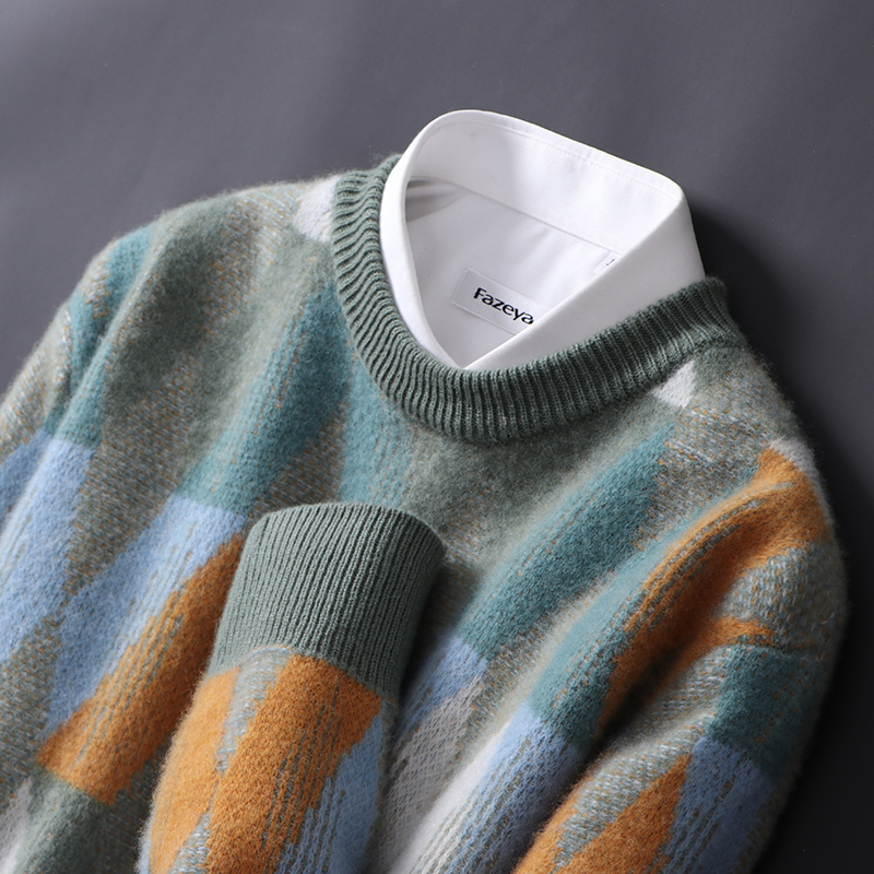 2022冬季100%纯山羊绒衫男加厚圆领青年流行毛衣拼色打底针织毛衫