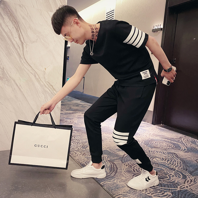 精神小伙运动套装男潮牌潮流夏季一套搭配帅气男士短袖t恤两件套