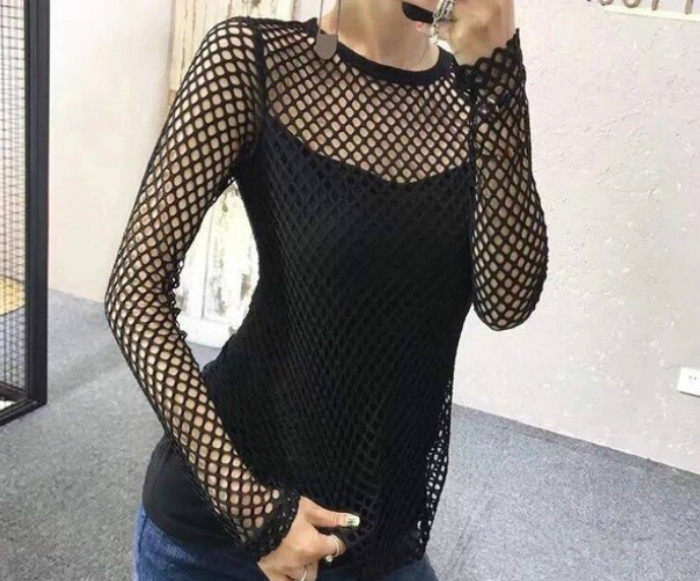 修身镂空圆领百搭防晒弹力透视显瘦渔网打底t恤