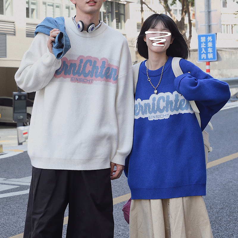 衫岛秋冬新款克莱因蓝毛衣男字母百搭情侣装宽松新年红色针织衫潮