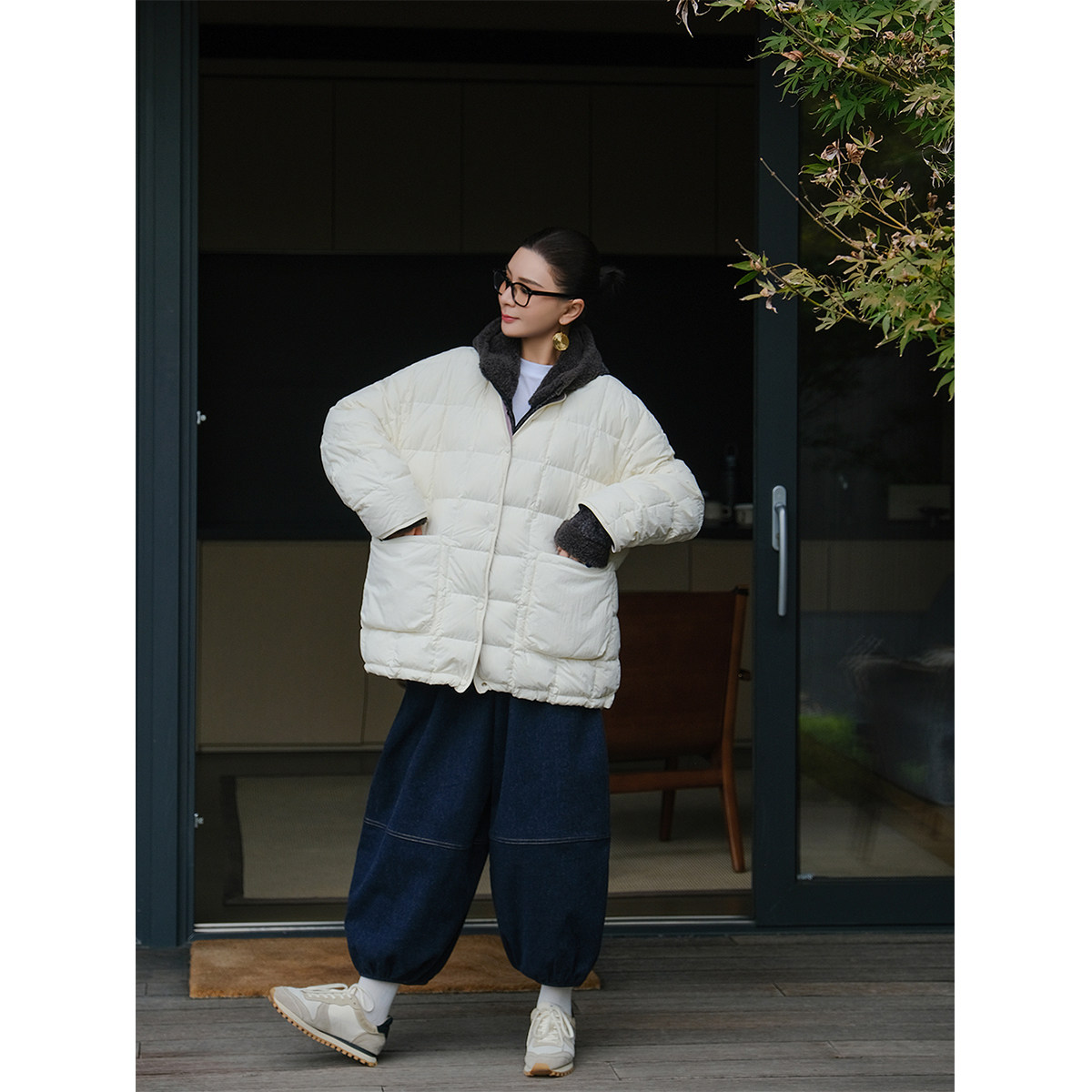 【90白鹅绒】麻霖面里同料双色撞色保暖防泼水中长款羽绒服外套