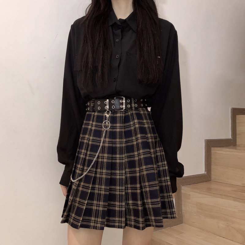 大码黑暗链条格子百褶裙高腰显瘦走光短裙jk半身裙