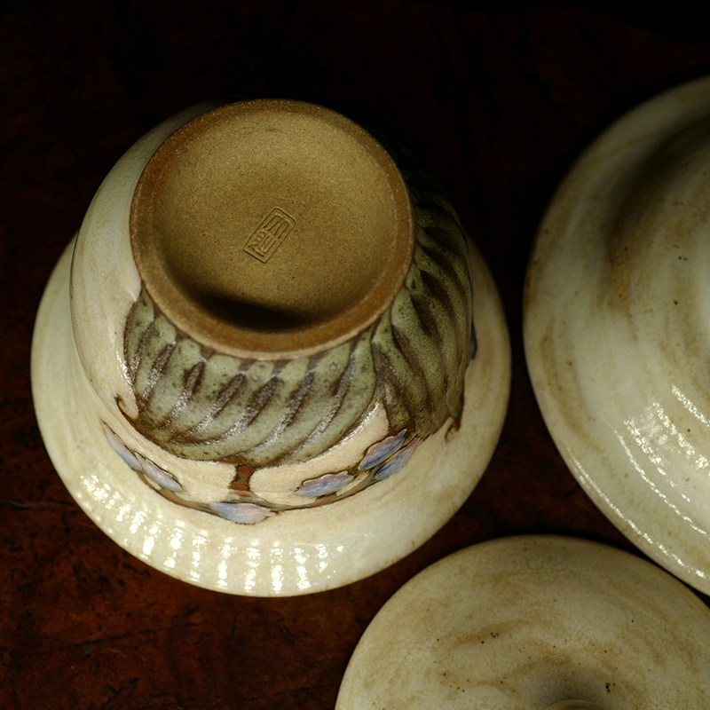 台湾龙圣龙圣华华苑大肚手绘粗陶盖碗名家手工盖碗