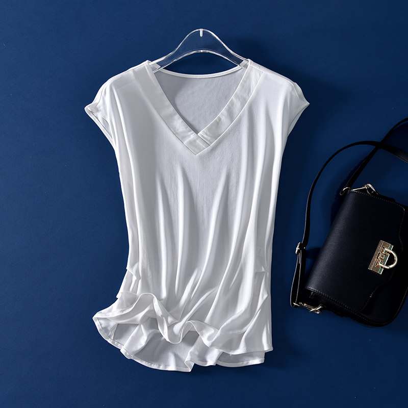 真丝针织短袖t恤女宽松 时尚落肩袖套头纯色百搭无袖上衣打底背心