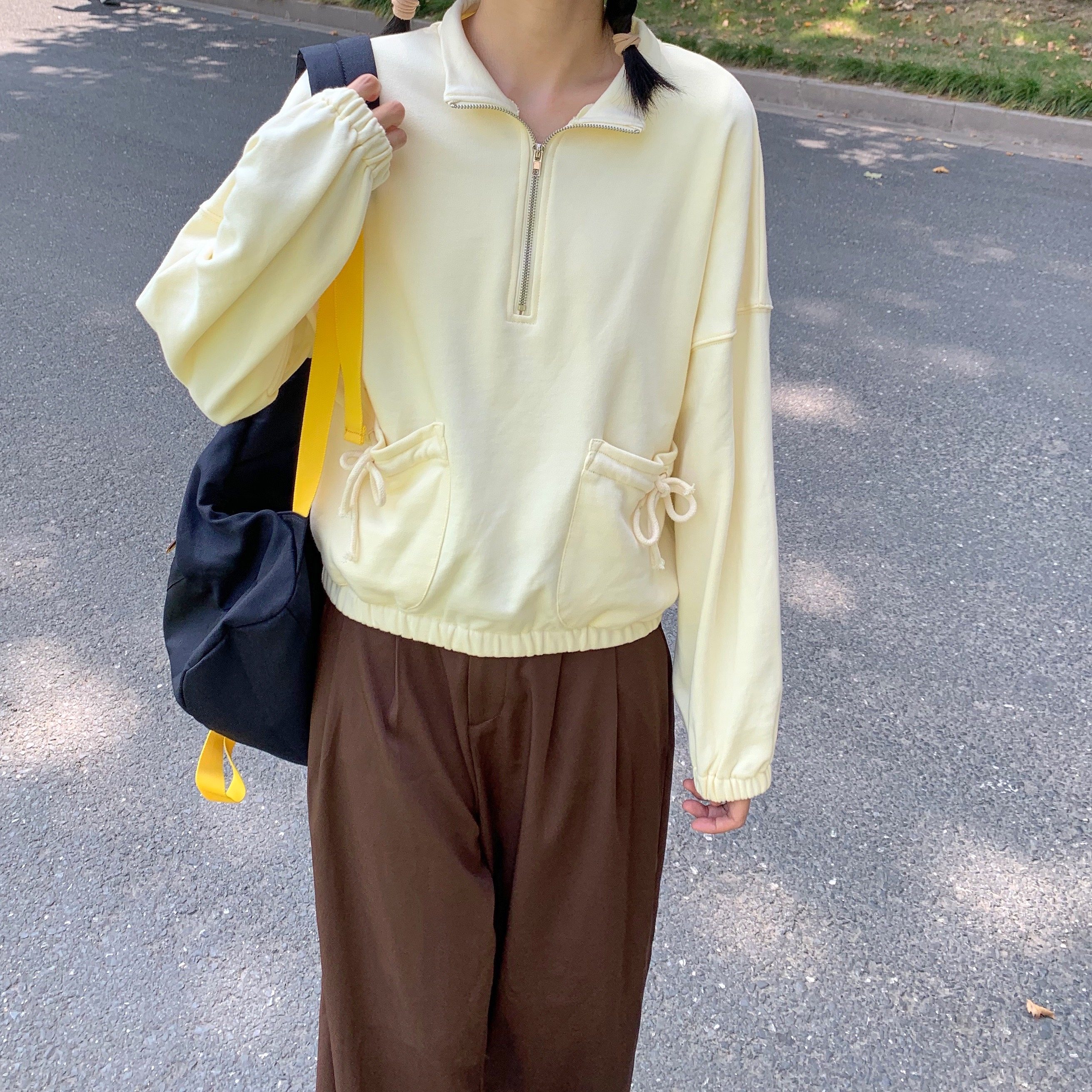 willcome可爱宽松立领落肩设计上衣米黄色口袋卫衣