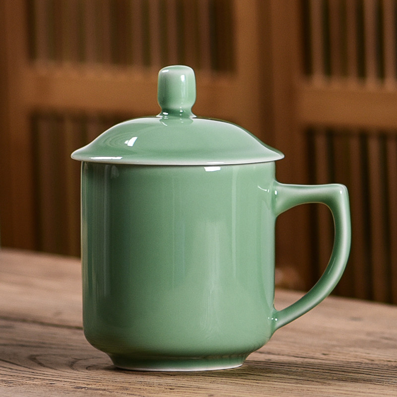 龙泉青瓷家用茶杯足浴开业送礼陶瓷水杯带盖隔热茶杯