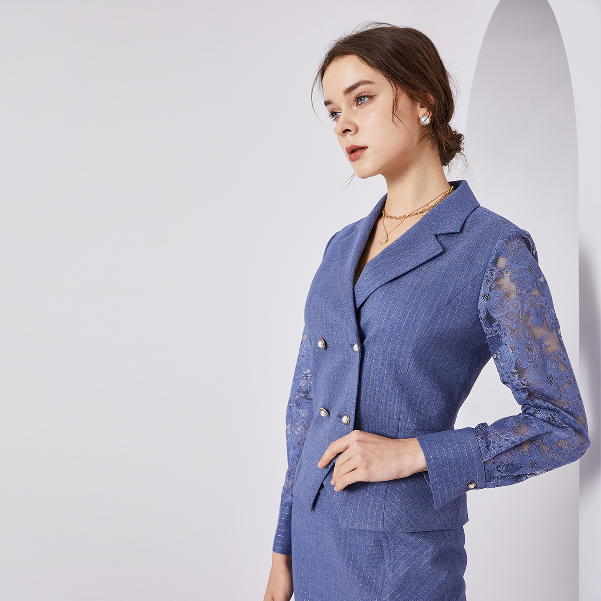 scofield女装2021春季新款通勤西装型双排蕾丝衬衫衬衫