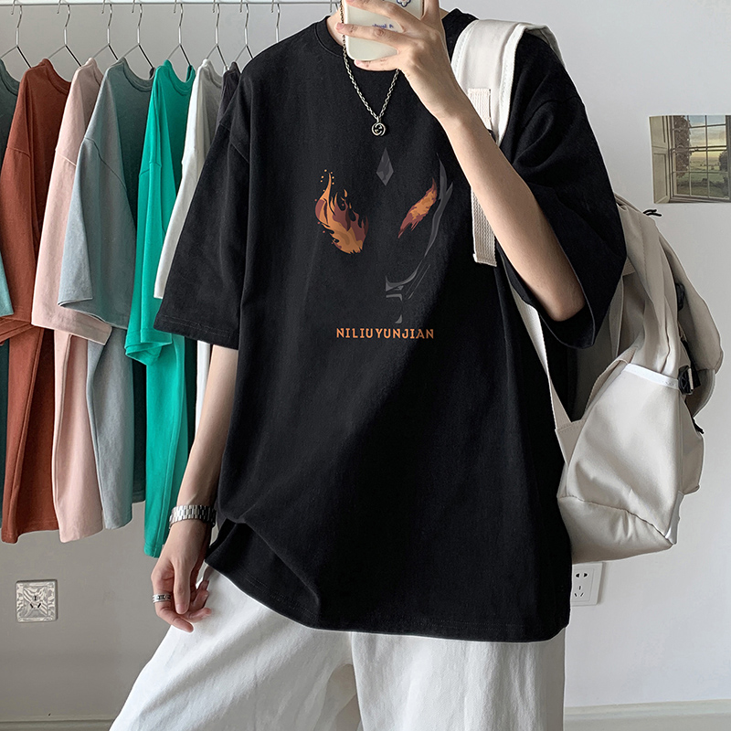 圆领夏季新款男生半袖体恤男士宽松潮牌纯棉短袖t恤情侣装上衣服