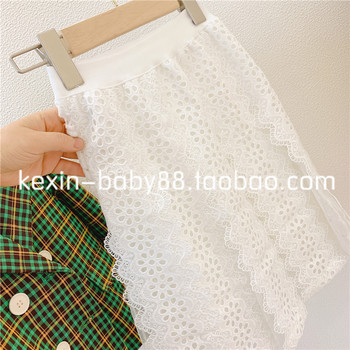 ຫຼຸດລາຄາສິນຄ້າພາກຮຽນ spring ໃຫມ່ Benefit Girls ສາມມິຕິລະດັບ hollow crochet stitching mesh skirt A-line long skirt