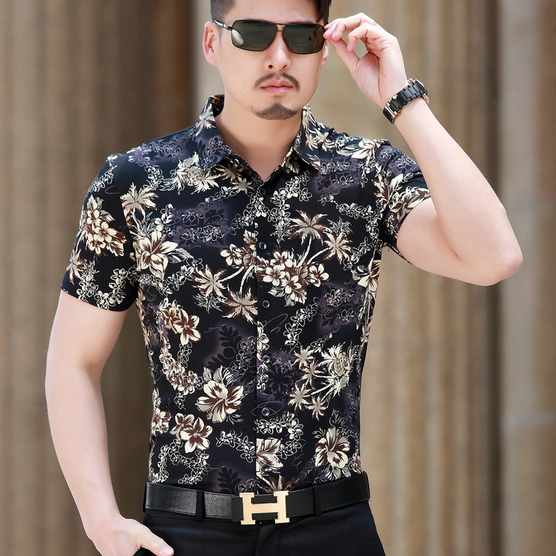 2022夏季短袖衬衫男士丝光棉免烫花衬衣男胖子宽松加大码印花半袖