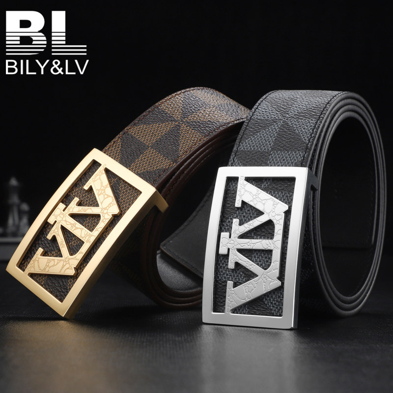 bilylv皮带男士真皮奢侈品高档品牌平滑扣板扣印花风车纹裤腰带
