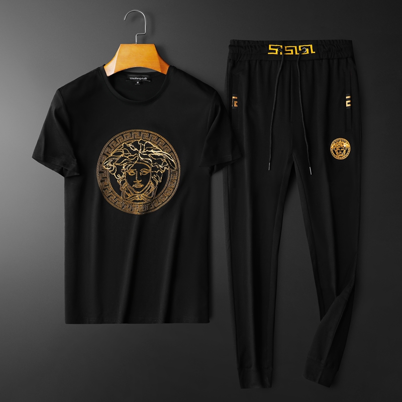 欧洲站2022夏季短袖运动套装男士潮流美杜莎亮片休闲半袖两件套装