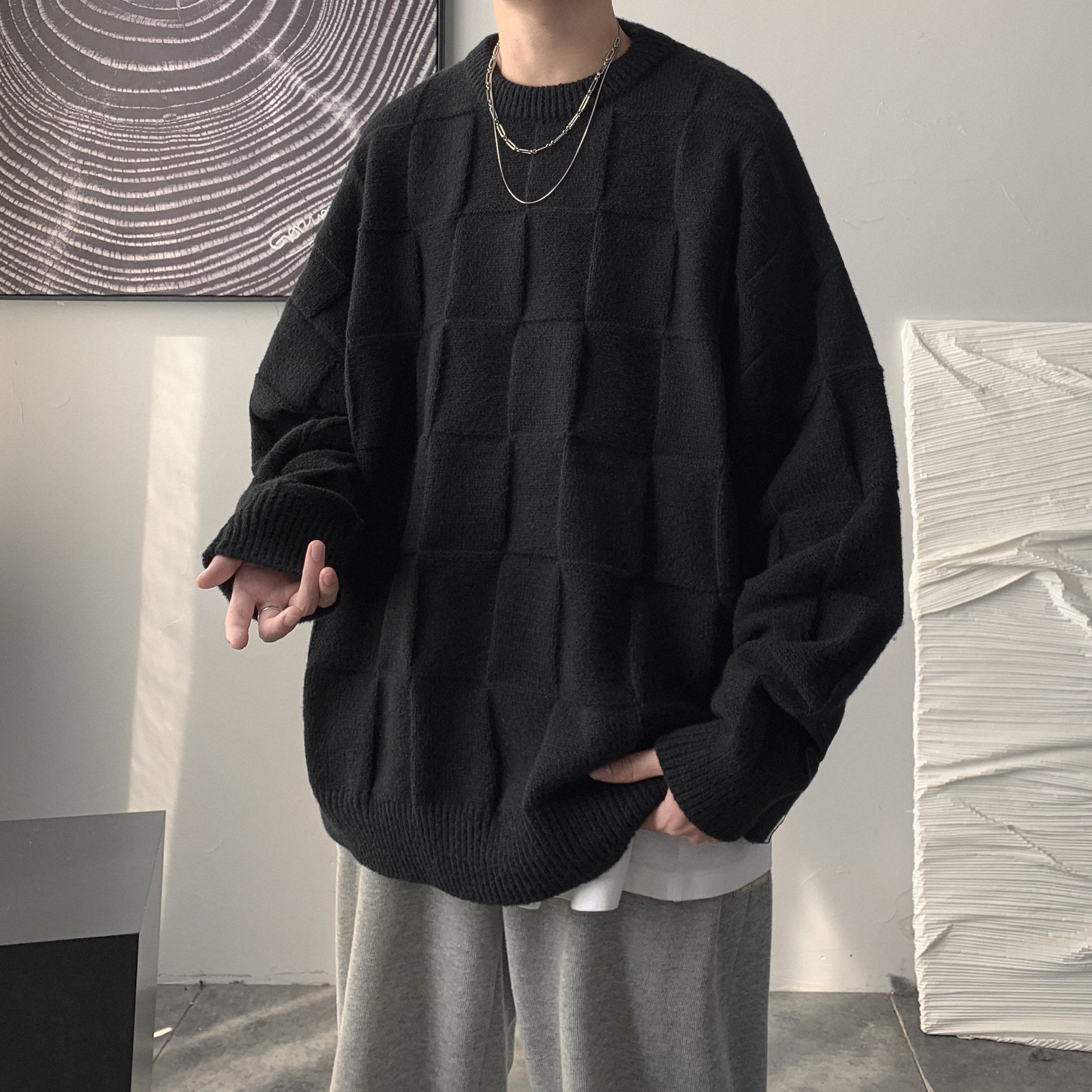 棋盘格毛衣男冬季加厚宽松圆领套头针织衫秋冬ins潮流慵懒风外套