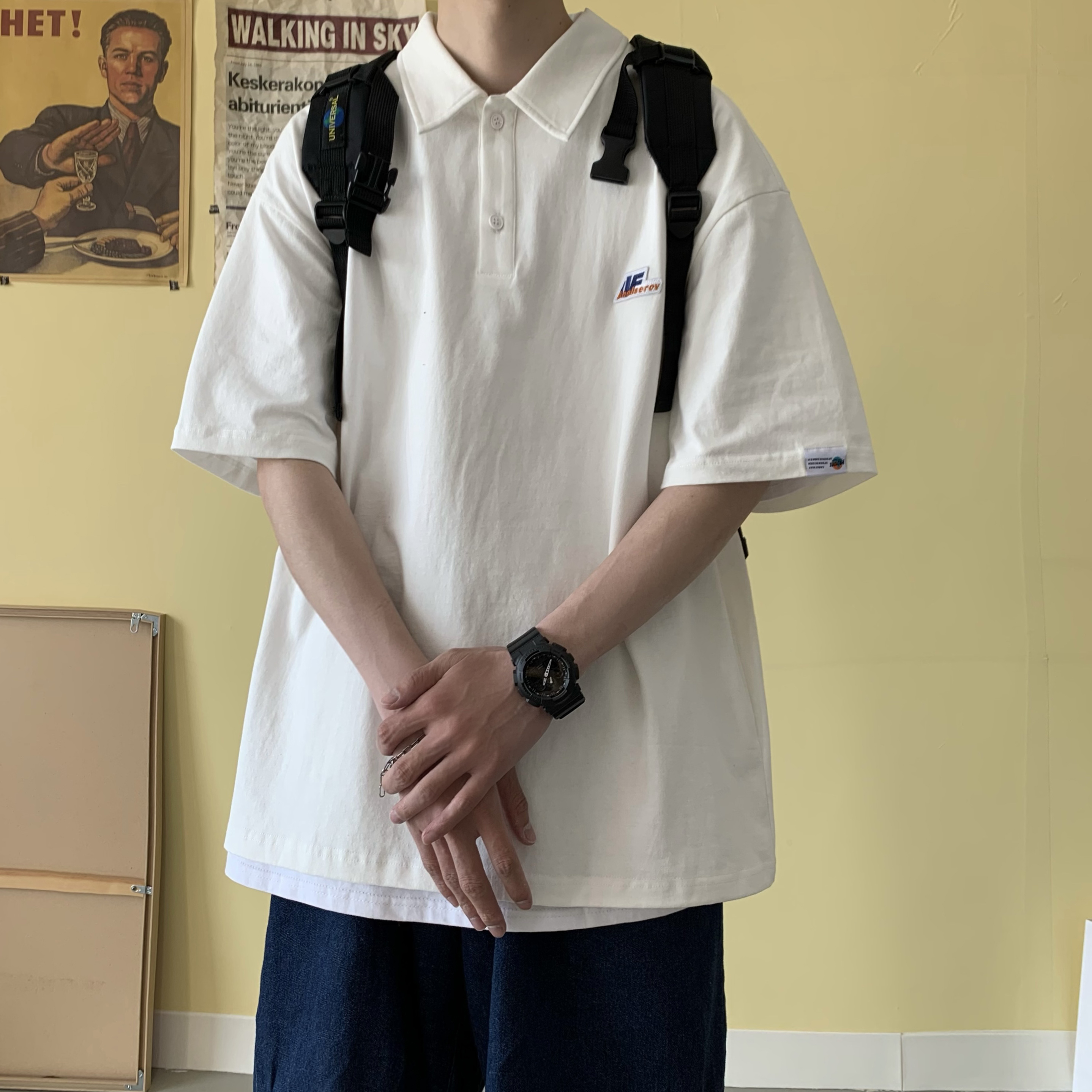 短袖polo衫男夏季潮流宽松百搭t恤ins港风衣服潮牌设计感小众半袖