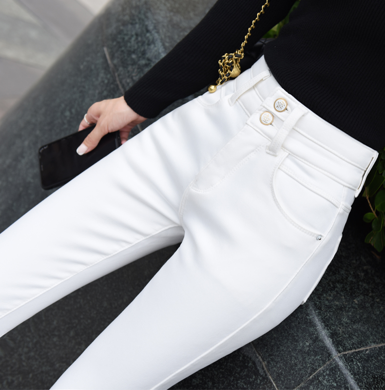 高腰白色牛仔裤女秋冬加绒打底裤女外穿高腰显瘦小脚铅笔裤靴裤女