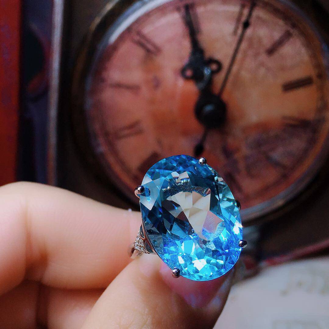新款天然伦敦蓝托帕石戒指晶体全净火彩爆闪戒指