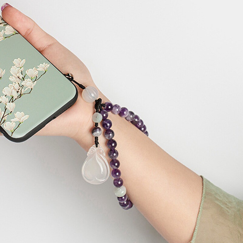 酷班紫水晶手机链短款手腕樱花挂绳链子少女玉石手机挂件