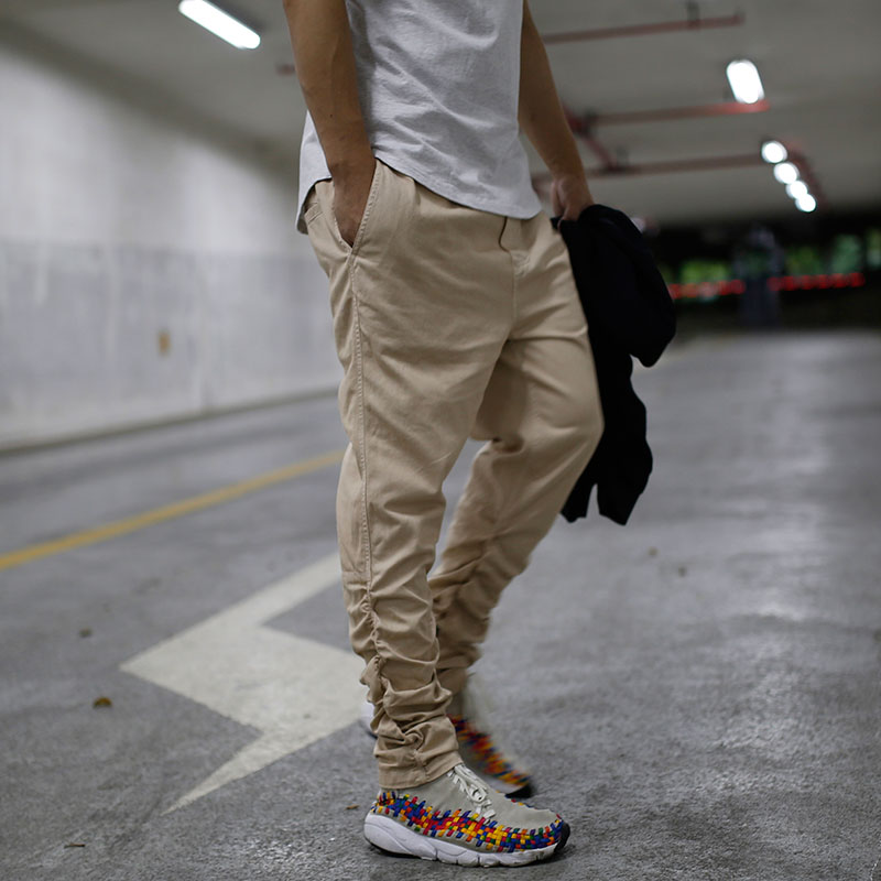 casterwear弯刀褶皱橡筋裤腿拉链百搭修身小脚休闲裤休闲裤