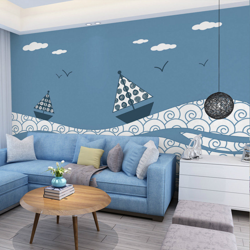 奥零地中海蓝色艺术墙纸卧客厅背景墙壁纸大型壁画 无缝壁布墙布