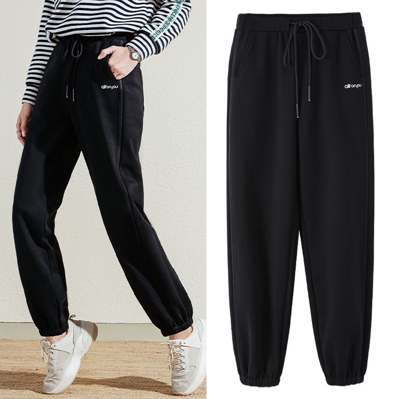 三桔卫裤女加绒2021新款时尚秋冬大码胖mm宽松加厚运动裤束脚裤子