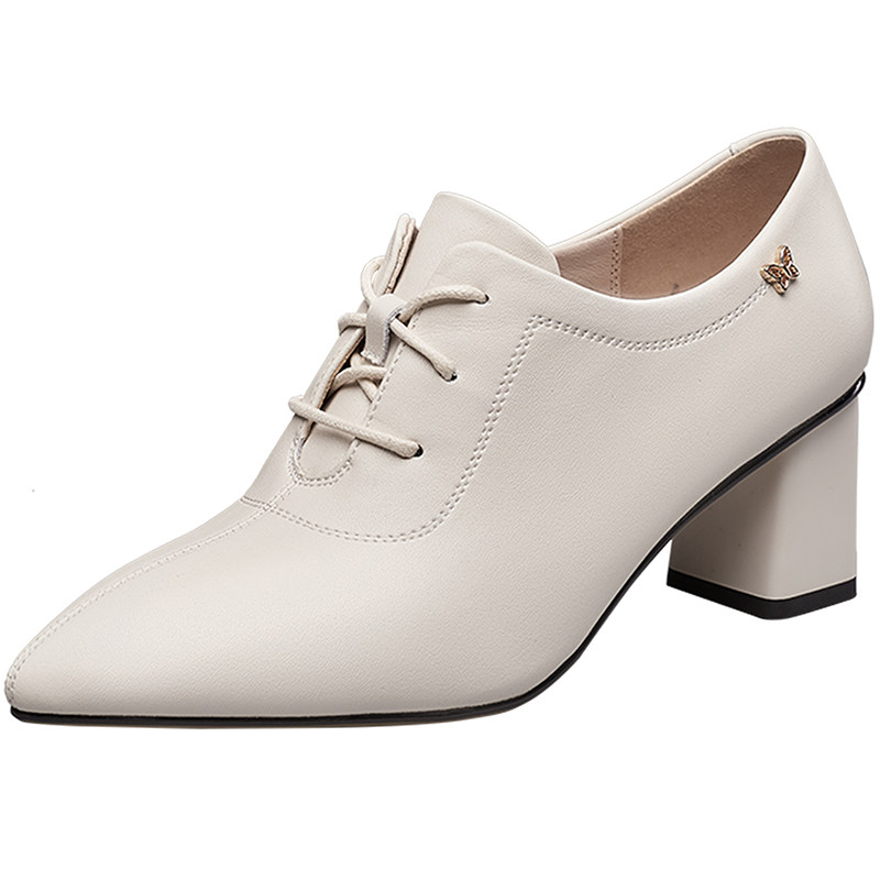 意尔康女鞋2021秋季新款高跟粗跟女士工装皮鞋单鞋