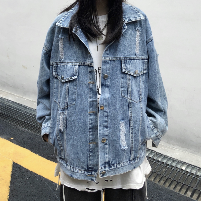 妈个鸡妈 韩国ins秋季美式街头字母印花破洞水洗牛仔夹克外套男女