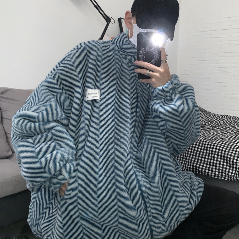 妈个鸡妈 韩国ins秋冬原宿港风毛绒波浪条纹两面穿棉衣外套男女潮