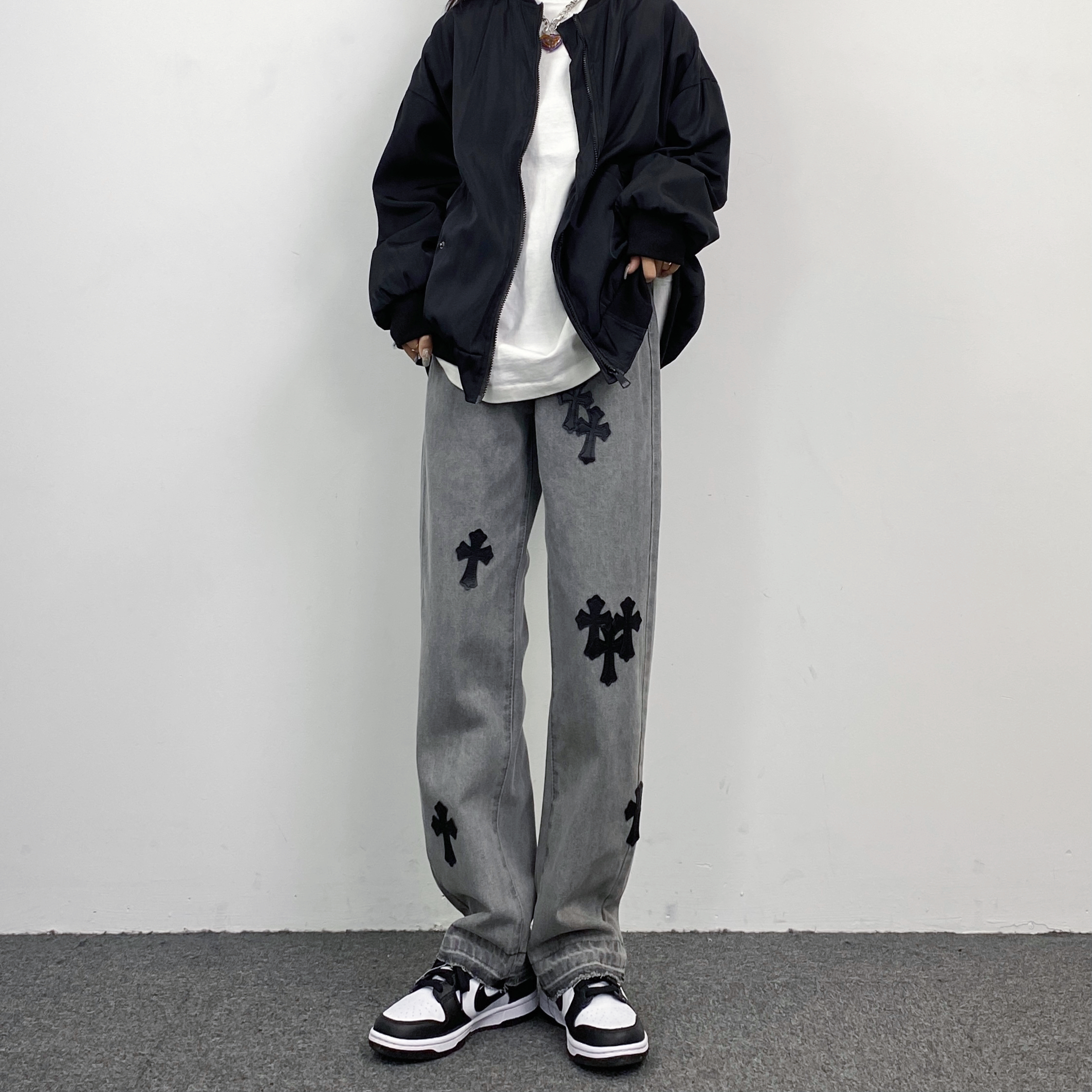妈个鸡妈 韩国ins美式绣标十字架水洗灰色显瘦直筒宽松牛仔裤男女