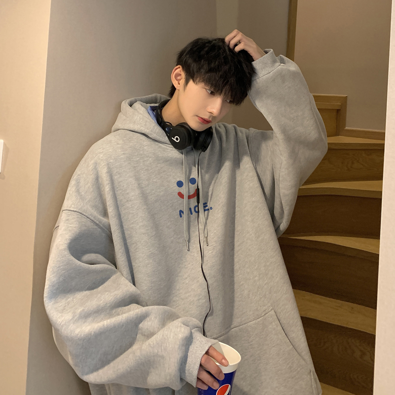 潮牌连帽卫衣男春秋潮流简约笑脸印花慵懒风帽衫港风宽松套头外套