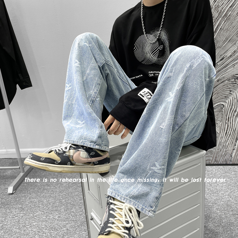 潮牌提花牛仔裤男夏季薄款欧美高街拖地休闲裤港风痞帅阔腿长裤子