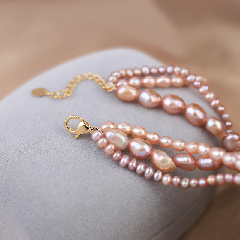 淡水珍珠紫色项链米珠巴洛克三层颈链法式赫本颈饰