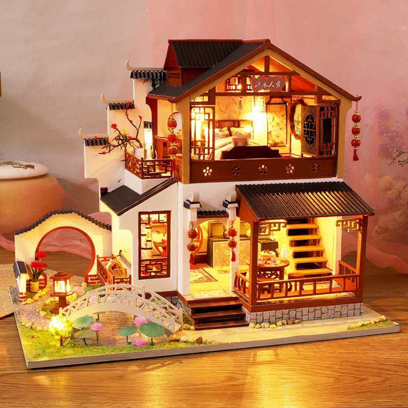 diy小屋中国古风别墅建筑模型手工制作木质拼装房子解闷生日礼物
