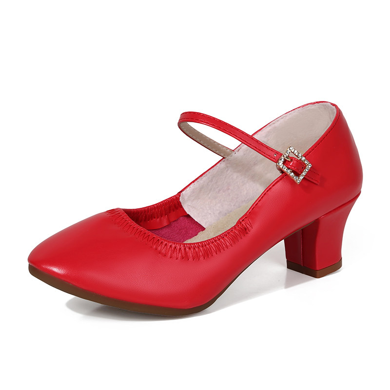 红色广场舞鞋女士真皮跳舞鞋中跟高跟舞蹈鞋女软底四季拉丁舞蹈鞋
