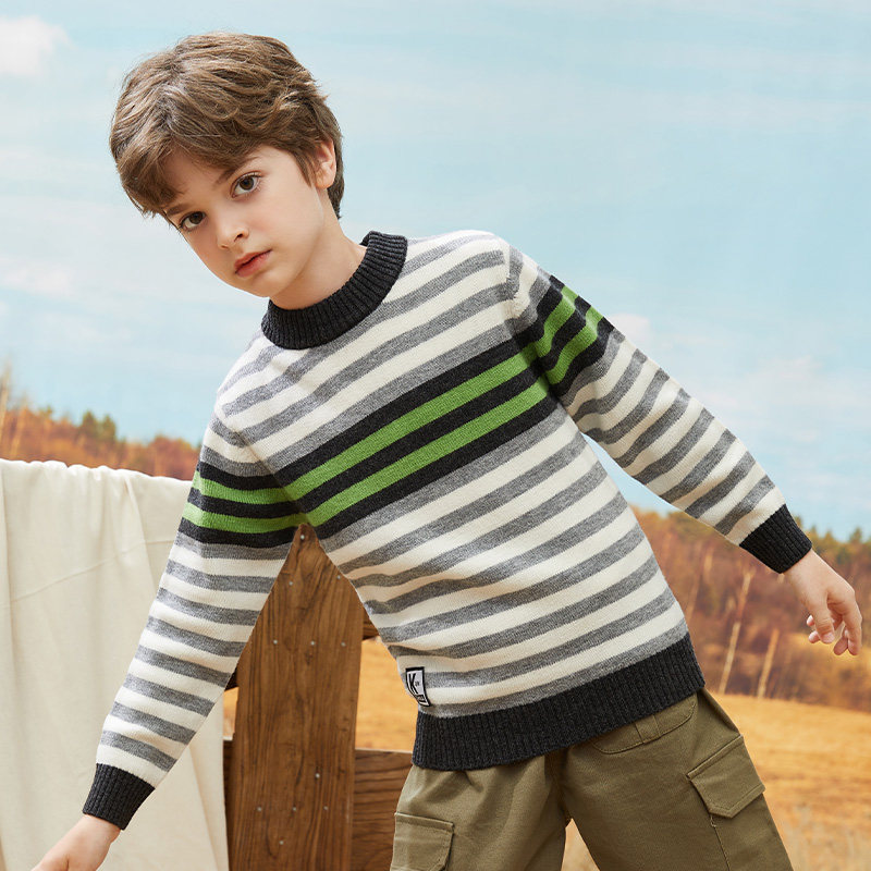 2021新款秋冬儿童毛衣100%纯羊羊毛条纹圆领毛衣