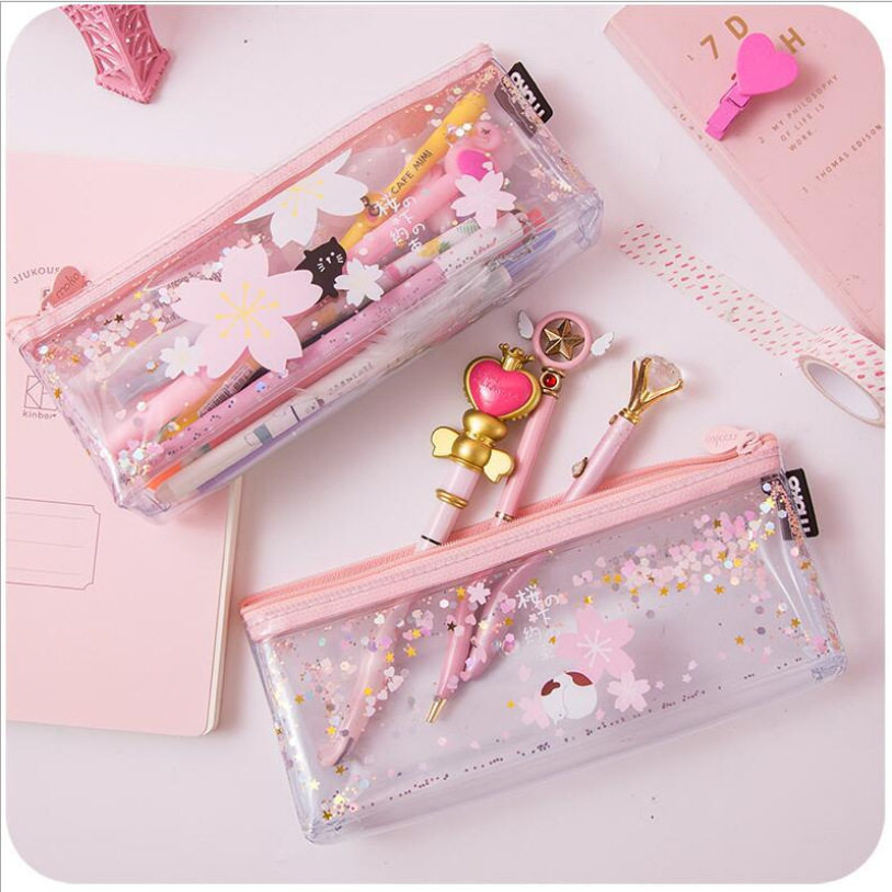 桥桥ins透明樱花入油流沙笔袋可爱网红超火笔袋