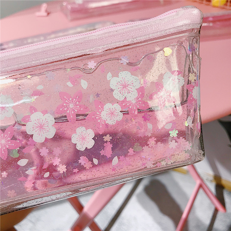 日系少女樱花笔袋学生创意粉色透明入油铅笔盒笔袋